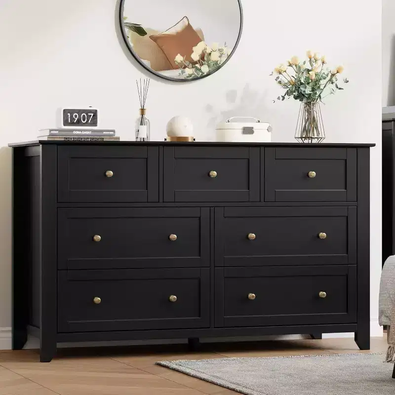 GustoWave Modern 54 Wide Large 7 Drawer Dresser for Bedroom, Entryway, Hallway, Black