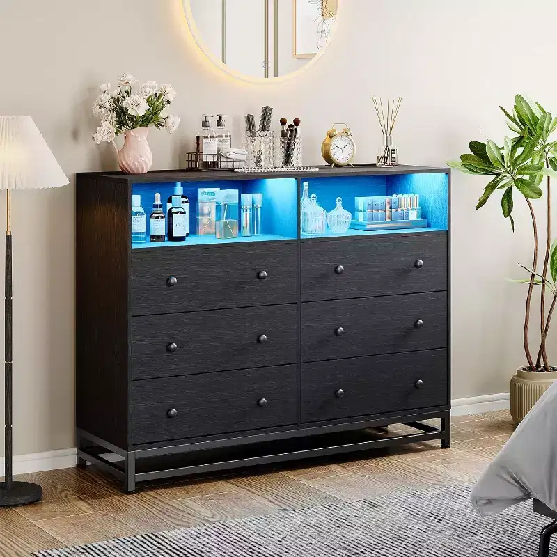 Wide Wood 6-Drawer Dresser w/ Plug-in USB Hub & LED Light, Steel Frame Storage Chest for Living Room, Bedroom, Entryway