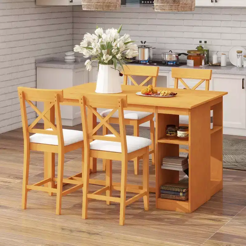 Farmhouse 5 Pieces Counter Height Dining Set for 4, Wooden Bar Table Set with Storage Shelves and 4 Upholstered Chairs