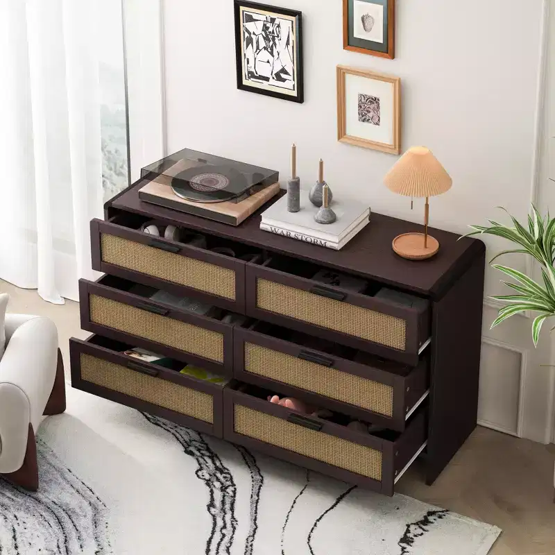6 Drawers Rattan Dresser Chest, Arc Shaped Corner Rattan Storage Cabinet for Living Room Bedroom -ModernLuxe