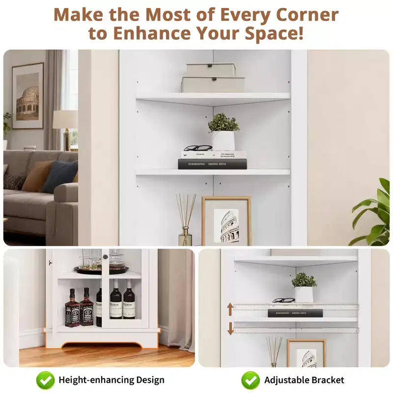 Glass-door bookshelf storage cabinet, 65 inches tall, with adjustable shelves, suitable for living rooms and bathrooms.