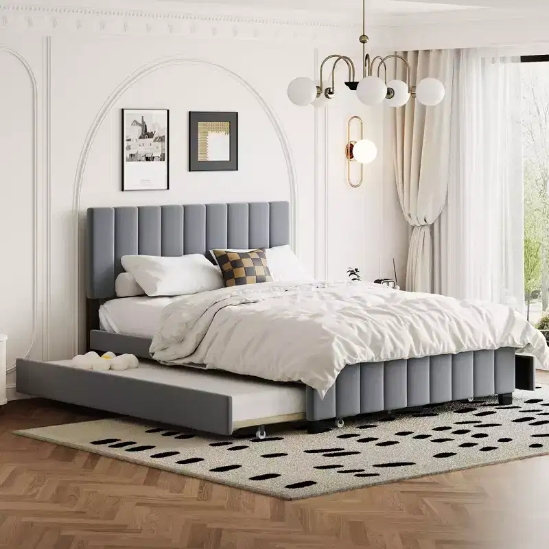 Pine Plywood Upholstered Queen Platform Bed with Hydraulic Storage System