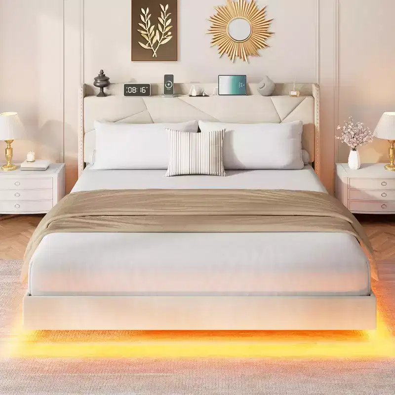 King size bed frame with lights and charging station, padded platform bed, storage headboard, button tufted design, no spring mattress required.