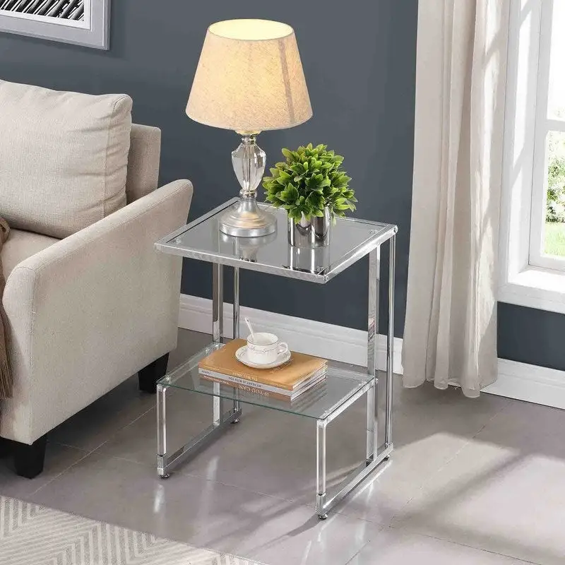 2-Tier End Table with Tempered Glass Shelves & Geometric Metal Frame