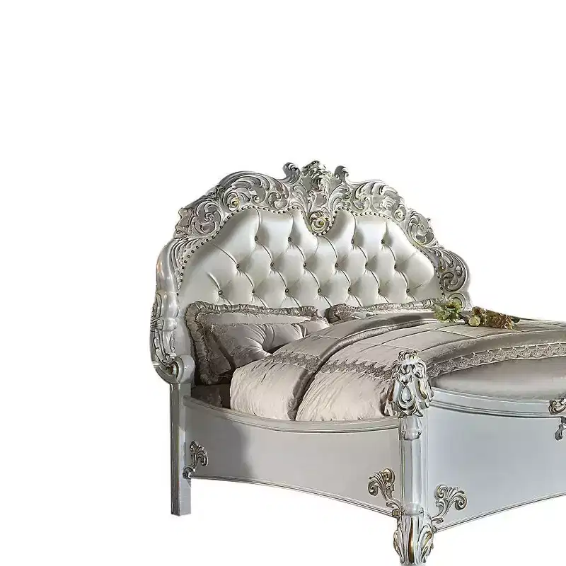 94" Eastern King Bed Vendome Bed Synthetic Leather and Antique Pearl Finish - Acme Furniture: Luxurious Carved Details