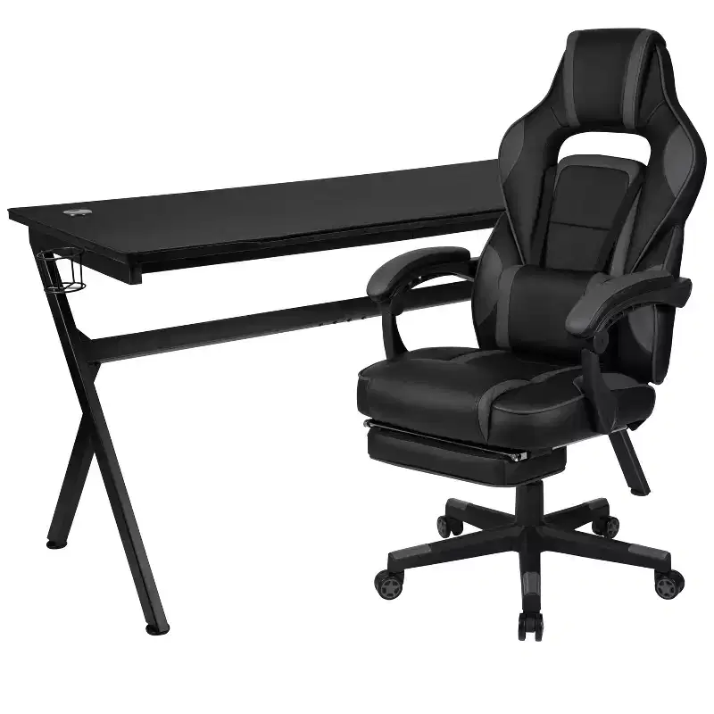 Flash Furniture Gaming Desk with Cup Holder/Headphone Hook/Removable Mousepad Top & Reclining Back/Arms Gaming Chair with Footrest