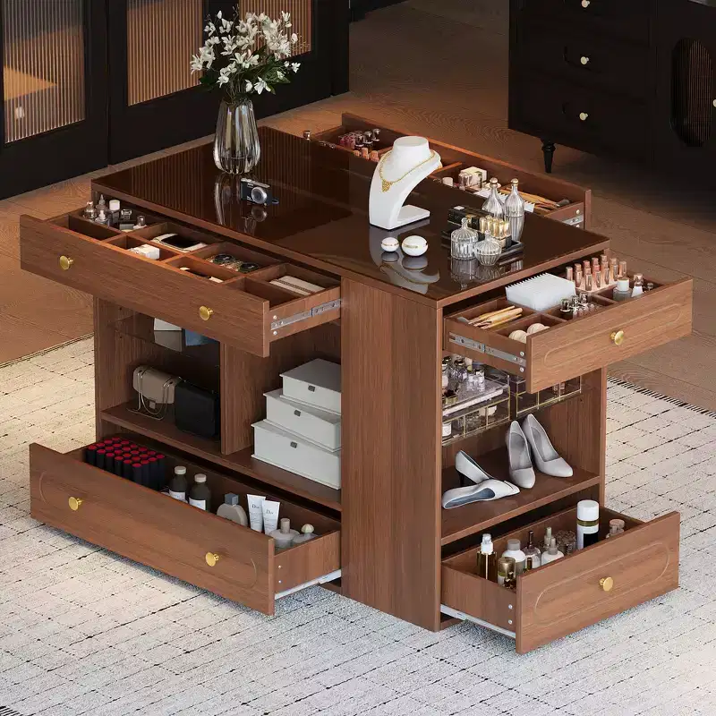 Whisen Closet Island with 6 Drawers, Glass Display Top and Open Shelves, Compartments