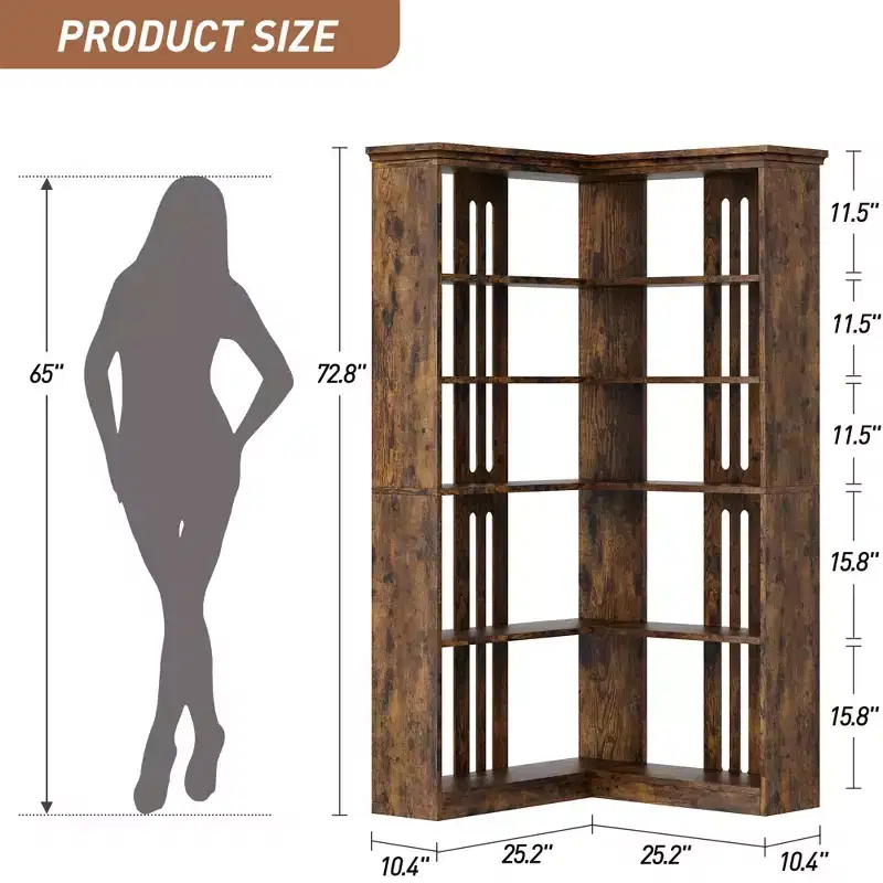 72 L-Shaped Corner Bookshelf, 5 Tier Wooden Bookcase with Baffles, Freestanding Open Display Rack, Modern Corner Shelf