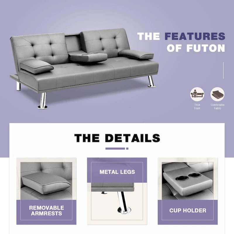 Furniwell Modern Faux Leather Futon with Cup Holders & Pillows, 65