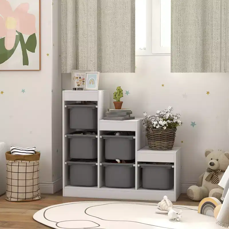 Qaba Kids Toy Storage Organizer with 6 Storage Bins & 3 Layers, Kids Bookshelf Toy Organizer for Aged 3-8 Years, Play Room, Bedroom, Gray