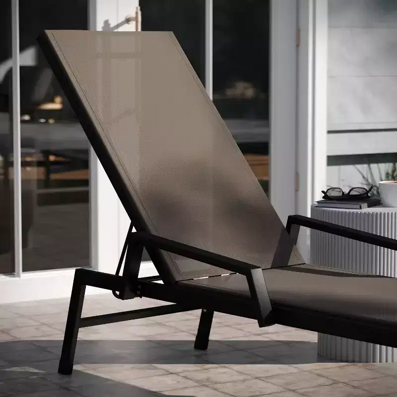 Emma and Oliver Textilene Adjustable 5 Position Patio Chaise Lounge with Armrests and Metal Frame
