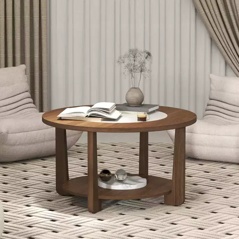 Costway Round Coffee Table w/ 2-Tone Tabletop & Open Storage Shelf Wood Support Legs
