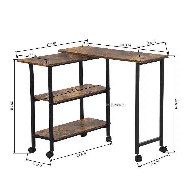 Rotating Side Table with 3-Tier Storage Shelves and Lockable Wheels