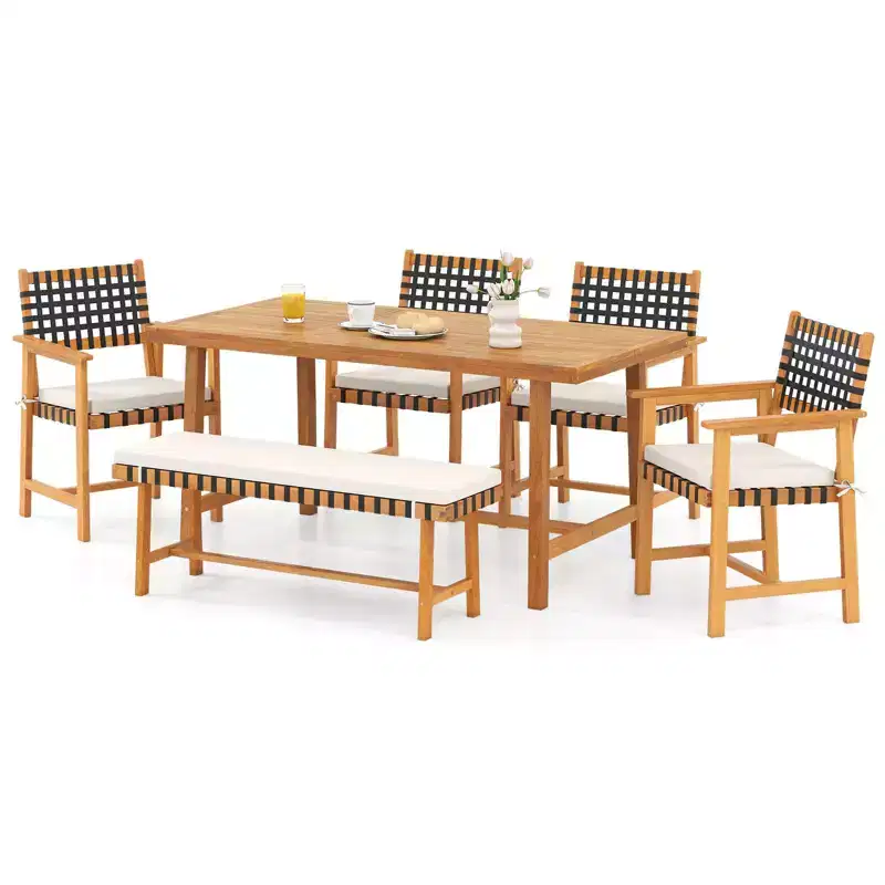 Costway 7PCS Patio Dining Set, Acacia Wood Table & 6 Armchairs with Padded Seat Cushions