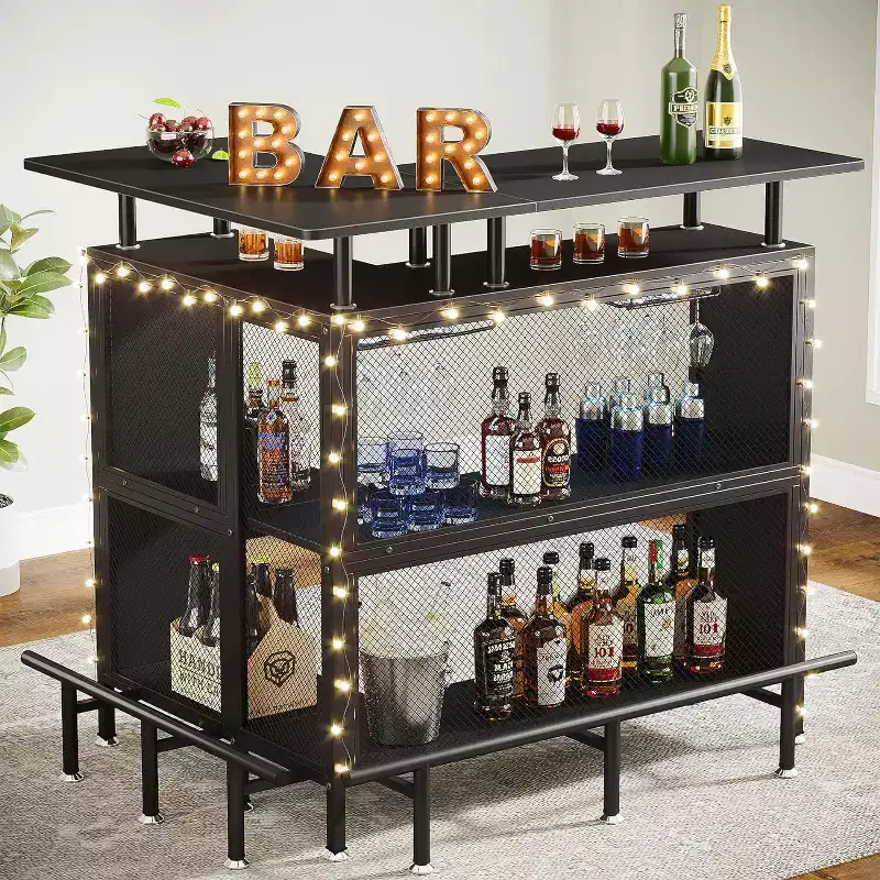 2-Tier L-Shaped Home Bar Unit – Stemware Racks, Open Shelves, Metal Mesh