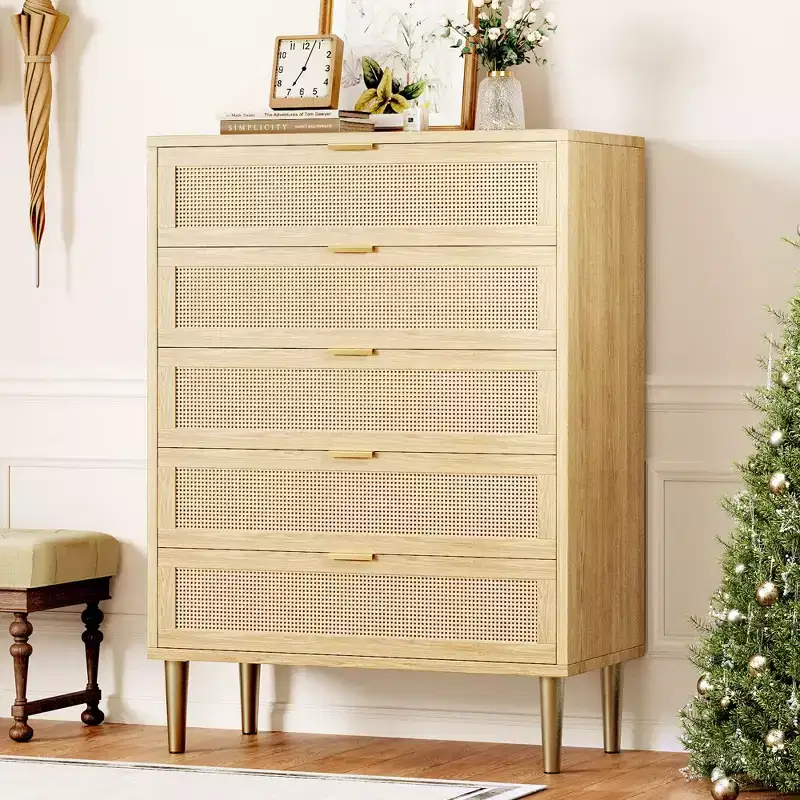 5 Drawer Dresser, 44'' Tall Narrow Chest of Drawer, Farmhouse Wooden Vertical Dresser with Metal Legs and Handles, Modern Cabinet