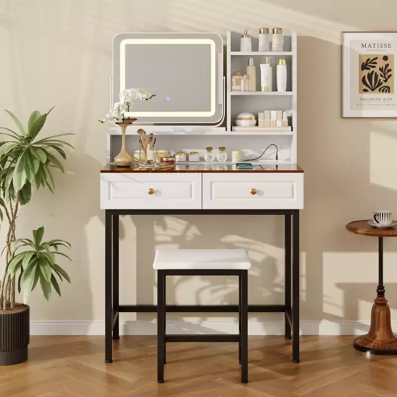 Makeup Vanity Desk Vanity Table Dressing Table with Stool, 3 Color Lighted 360 Rotatable Mirror, Power Outlet, Adjustable Dividers Drawer -ModernLuxe