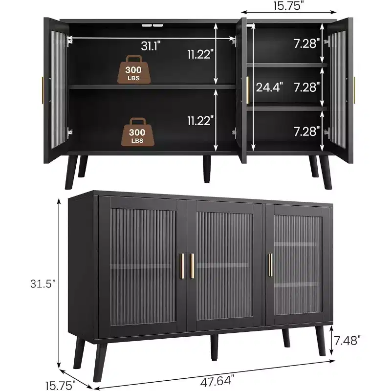 48 Kitchen Sideboard Cabinet with 3 Fluted Glass Doors Removable Shelves, Black Credenza Decorative for Living Room, Dining Room, Kitchen