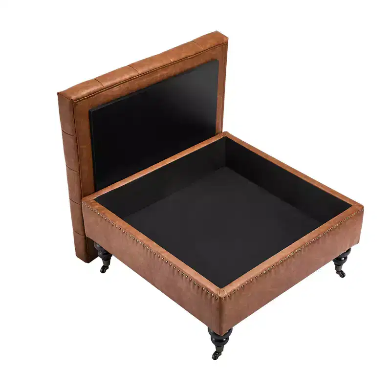 31 in Square Leather Ottoman with Storage, Upholstered Tufted Button Coffee Table Ottoman with Castered Rolling Wheels, PU Leather, Brown
