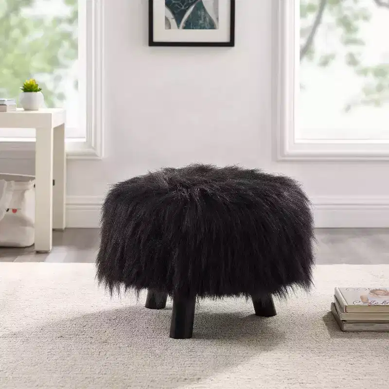 Faux Fur Round Foot Stool Ottoman, Padded, Wood Legs