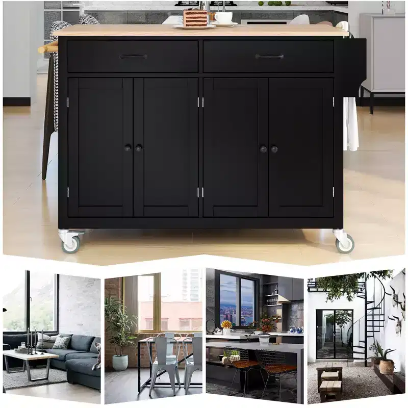Kitchen Island Cart with Solid Wood Top and Locking Wheels, 54.3 Inch Width, 4 Door Cabinet and Two Drawers, Spice Rack, Black
