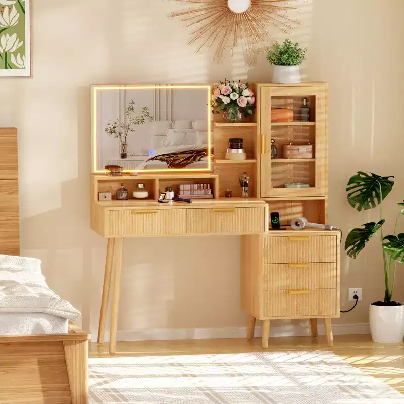 Vanity Desk with Lighted Mirror, 5 Drawers & Power Outlet, Modern Fluted Dressing Table with Storage Shelf for Bedroom,Women Girls