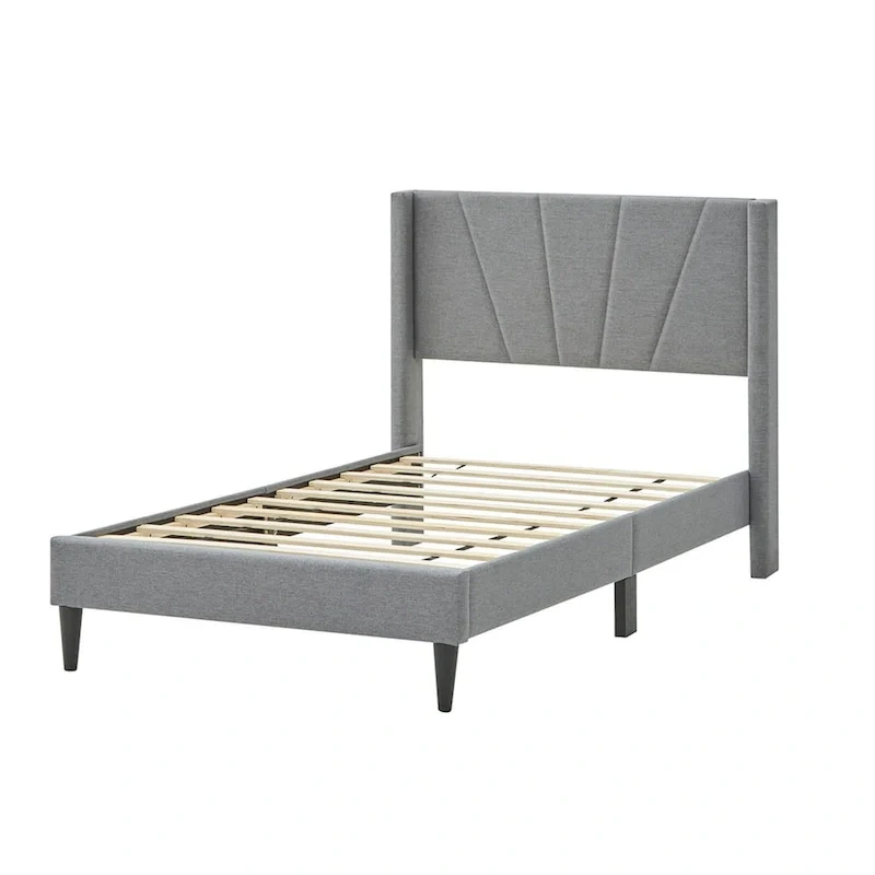 Grey Linen Wingback Platform Bed Frame – Twin/Queen, 1 Person