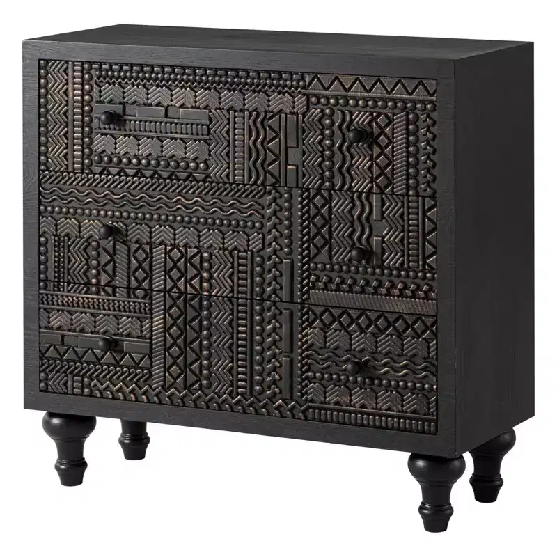 Farmhouse 3-Drawer Bedroom Dresser with Geometric Carved Pattern – Black