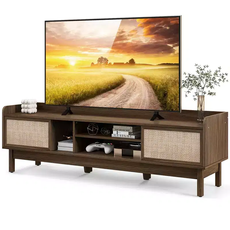 Wooden TV Stand for TVs up to 65 with Storage Adjustable Shelf & Sliding Doors Walnut