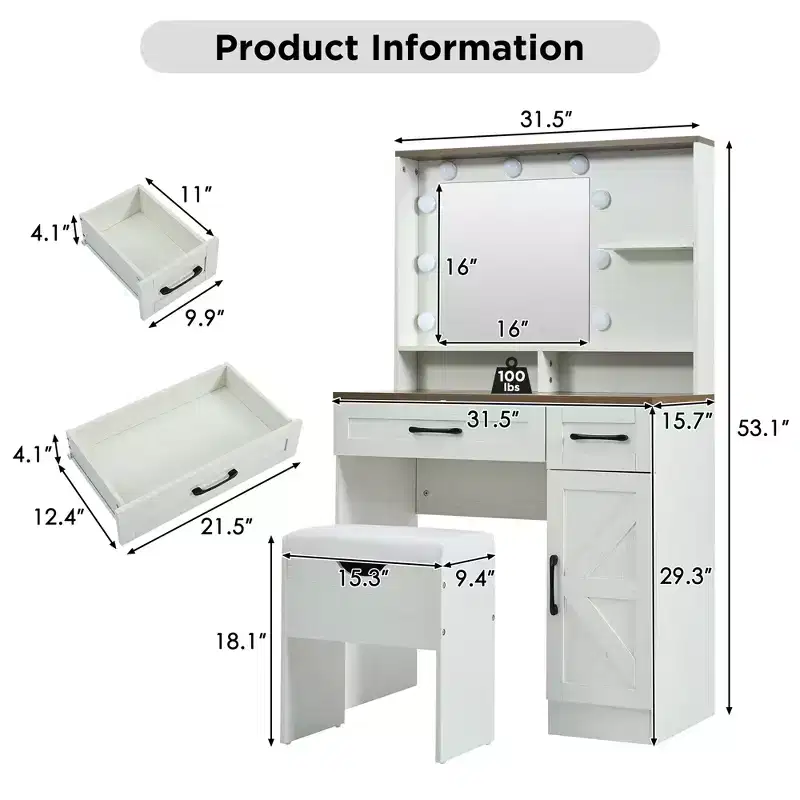 Makeup Vanity Desk with Mirror and Lights, Dressing Table with Adjustable Shelves, 2 Drawers and Side Cabinet for Bedroom, White