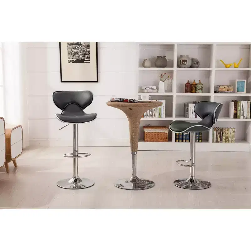 Roundhill Furniture Masaccio Cushioned Leatherette Upholstery Airlift Adjustable Swivel Barstool with Chrome Base, Grey, Set of 2