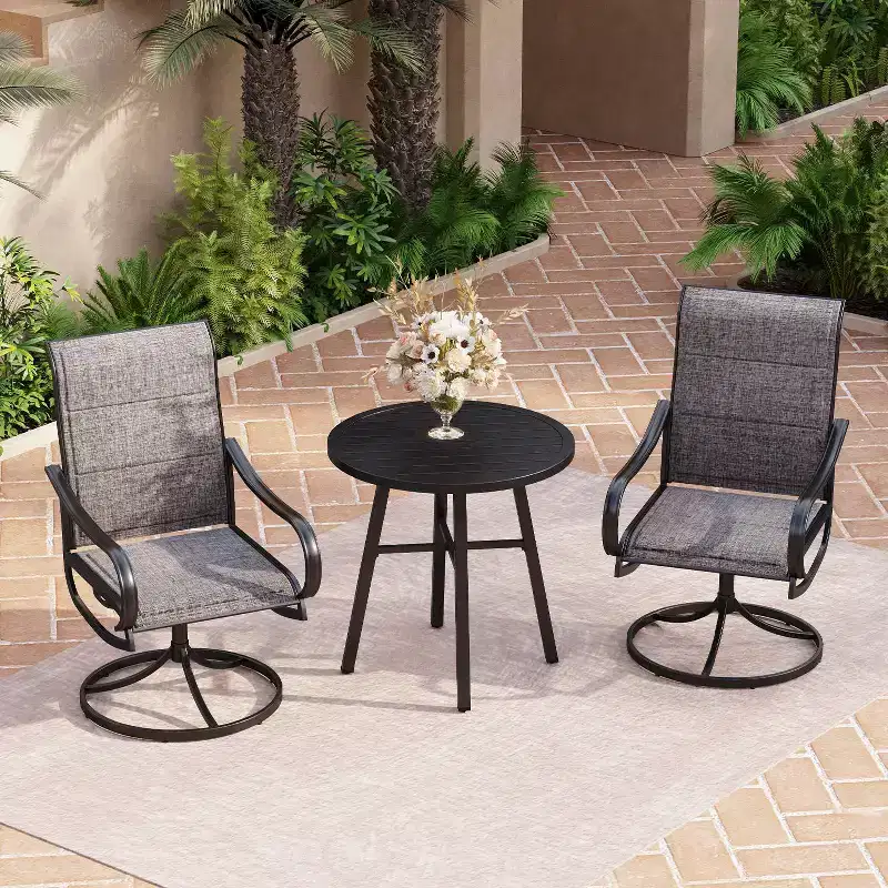 3pc Patio Dining Set with Small Round Table & 360 Swivel Padded Sling Arm Chairs - Captiva Designs: Weather-Resistant, Steel Frame