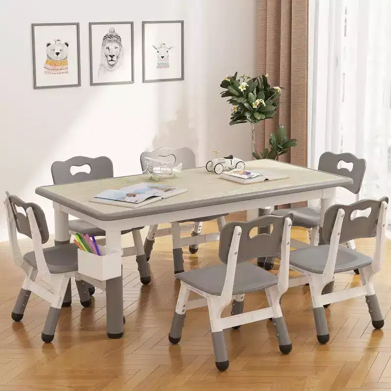 Kids Table and 6 Chairs Set with Graffiti Desktop, Height Adjustable Table Set for Ages 2-10, Children's Activity Table, for Daycare,Classroom & Home