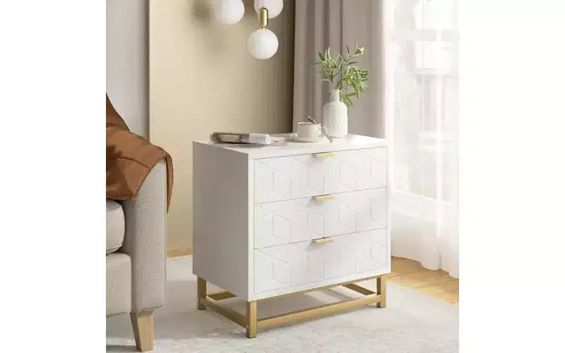 White 3-Drawer Wooden Organizer with Gold Metal Handles C Stylish Chest of Drawers