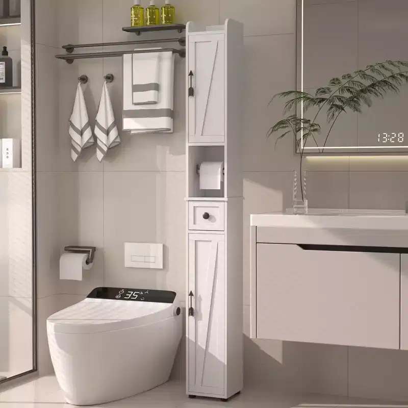 Tall Bathroom Cabinet Slim Narrow Storage Cabinet Linen Tower with 2 Doors and 1 Drawer Floor Cabinet with Adjustable Shelves, White