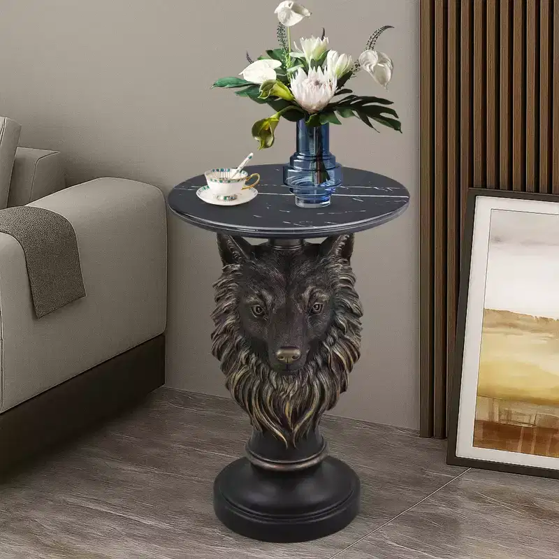 Wolf Head Accent Table, Animal Statue End Table for Living Room Home Decor