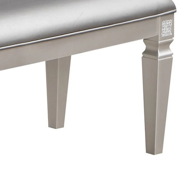 60 Inch Dining Bench, Sparkling Silver Gray Faux Leather, Wood Frame