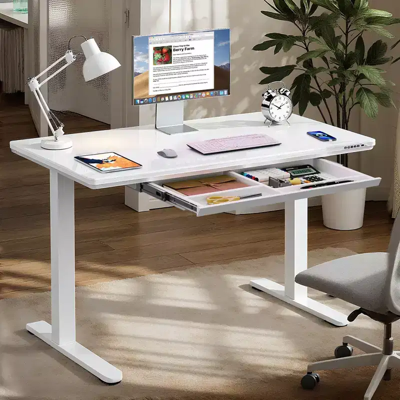 GALAXHERO 48 Standing Desk with Drawers, Whole-Piece Glass Adjustable Height Electric Desk, Stand Up Desk with Quick Installation, White