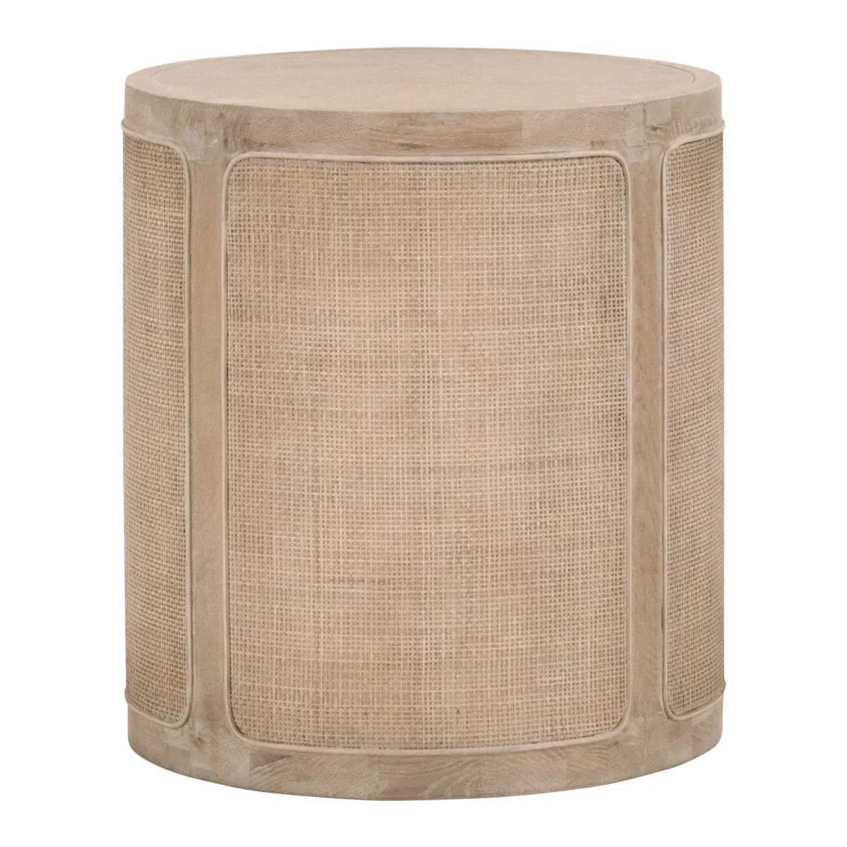 Rustic Cane & Oak Wood End Table with Round Top & Smoke Gray Antiqued Finish for Living Room