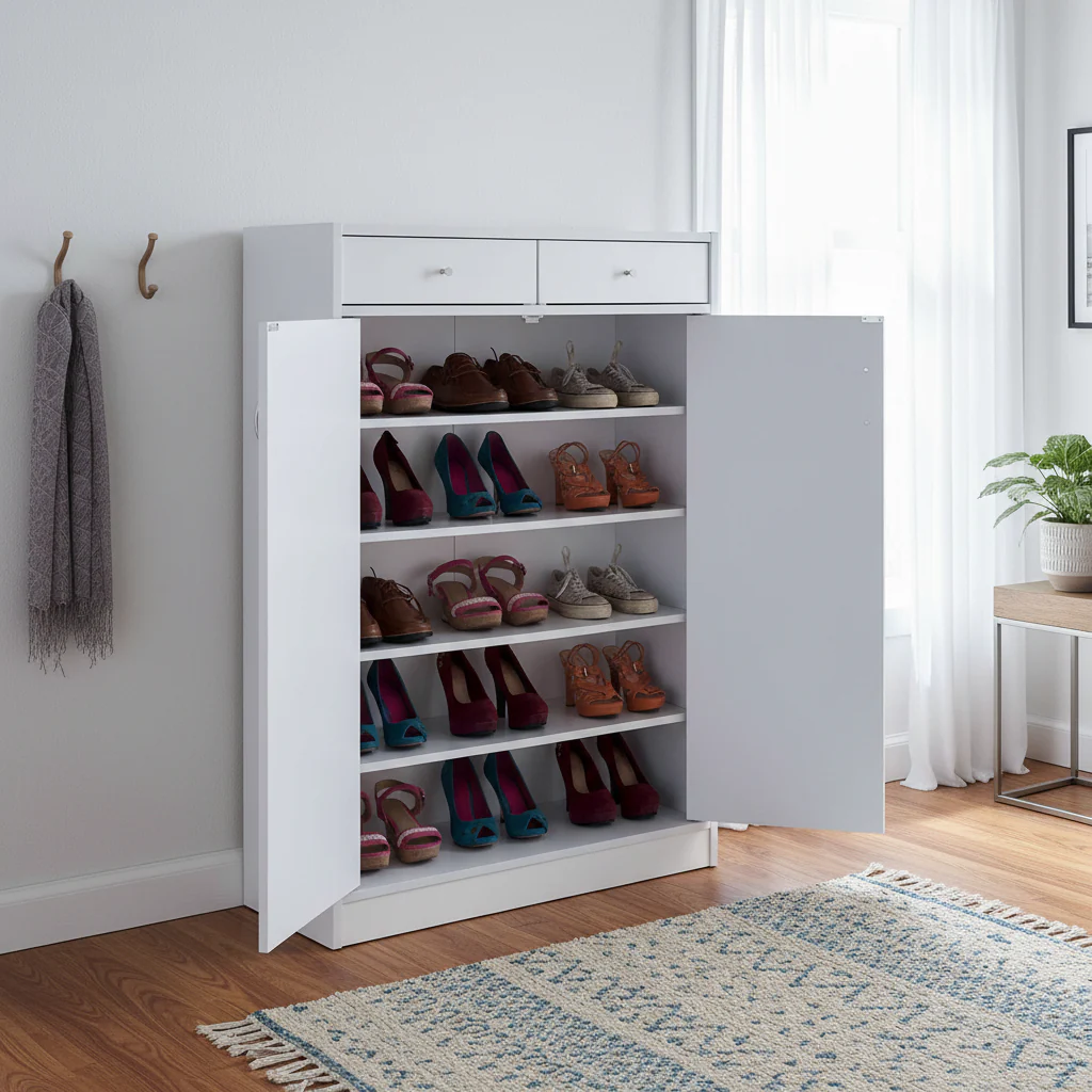 2-Door Shoe Cabinet with 2 Drawers & 5 Shelves – White, Wood Top, Holds up to 15 Pairs