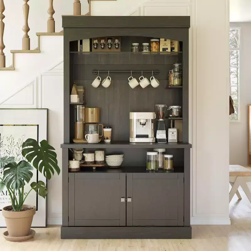 72 Tall Farmhouse Coffee Bar Cabinet with Adjustable Lights, Wine Rack and Microwave Stand, Buffet Sideboard Storage Hutch, Large Kitchen Pantry