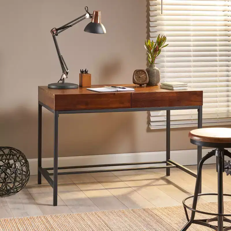 44IN Retro Standing Desk with Metal Frame, Computer Desk with 2 Drawers, Home Office Desks for Living Room, Study, Reading Room, Oak