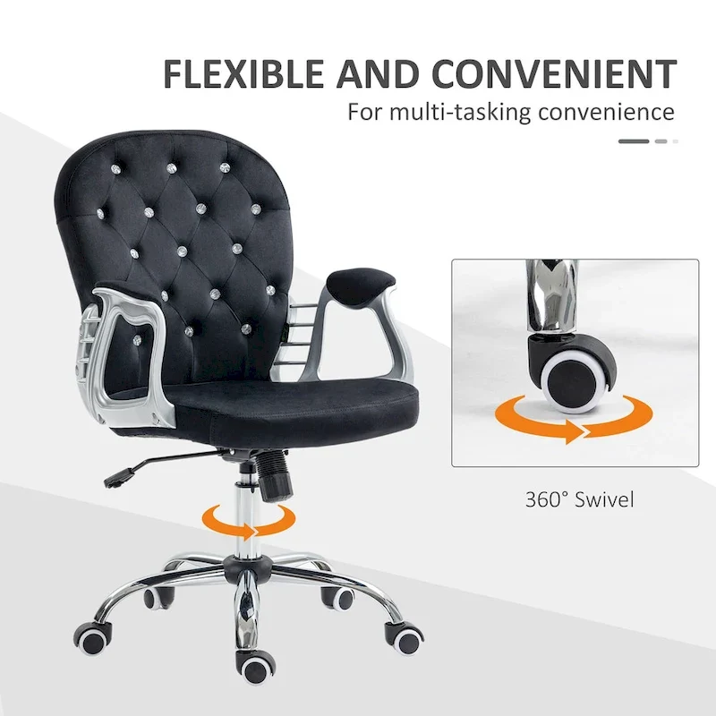 Vanity Middle Back Office Chair Tufted Backrest Swivel Rolling Wheels Task Chair with Height Adjustable Armrests