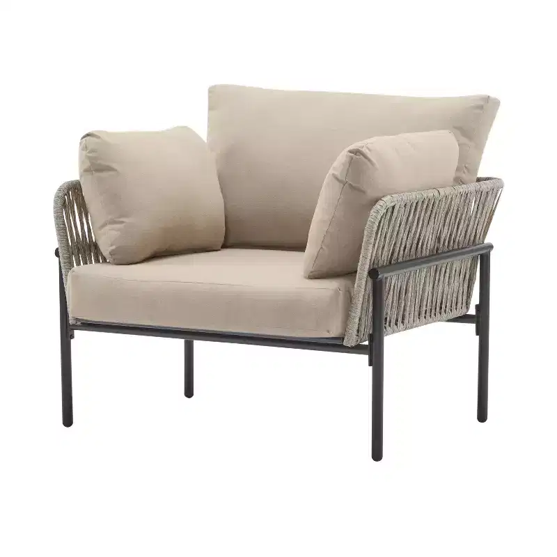 36W Patio Accent Chair Lounge Chair Arm Chair with Cushions, Pillows and Stylish Rope-Weave Design, Iron, Beige+Grey/Natural-ModernLuxe