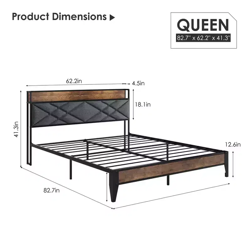 King Size Metal Platform Bed Frame with Headboard and Footboard, 11 Underbed Storage, Easy Assembly, No Box Spring Required, No Noise, Gray