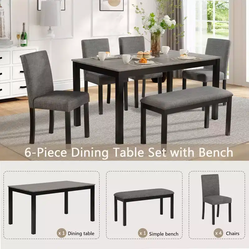6-Piece Dining Table Set with Bench and Chairs, Dining Table Set for 6 with Bench, Wooden Dining Table Set for Kitchen, Dining Room
