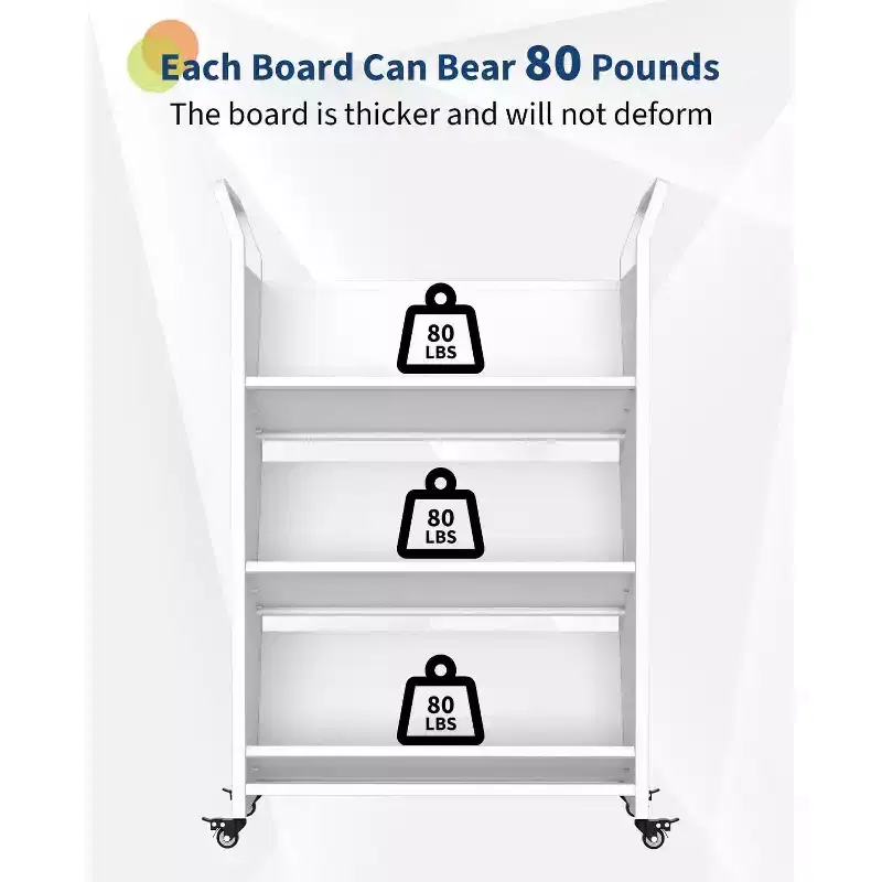 Storage Bookshelf, 3-Tier Metal Rolling Storage Shelving with 4 Lockable Wheels & Side Hooks, White