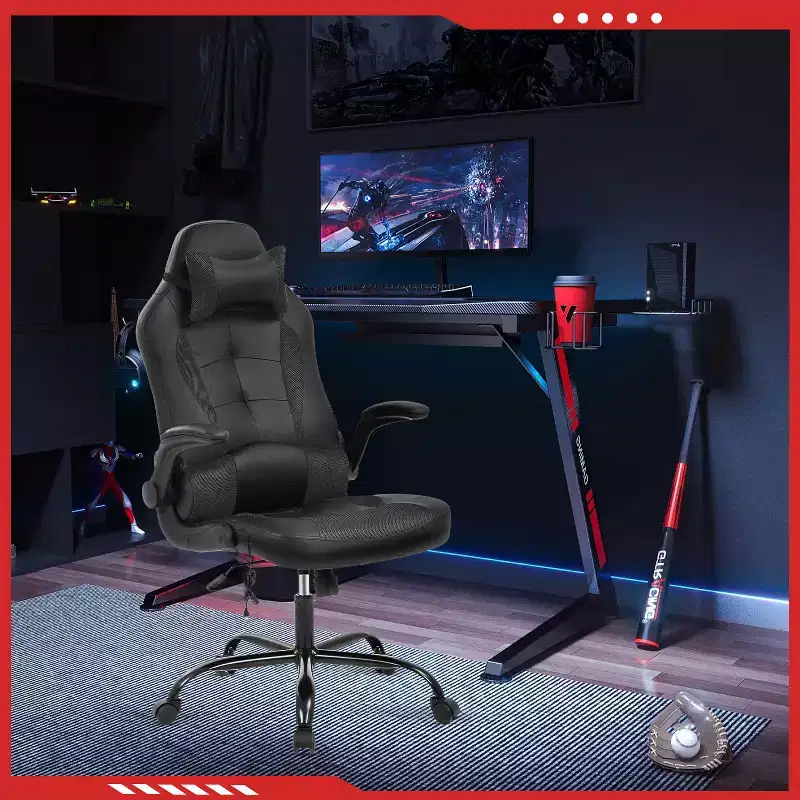 Gaming Office Chair with Lumbar Support, PU Leather, Adjustable Height & Arms