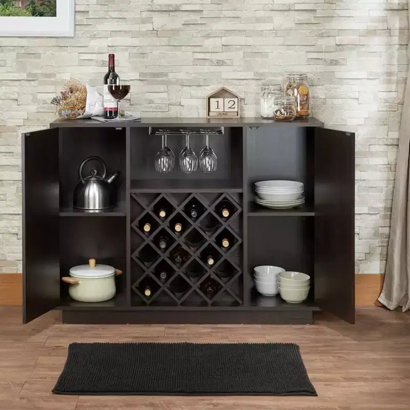 Modern Wood Wine Cabinet with 18-Bottle Rack, Cup Holder & Storage Shelves
