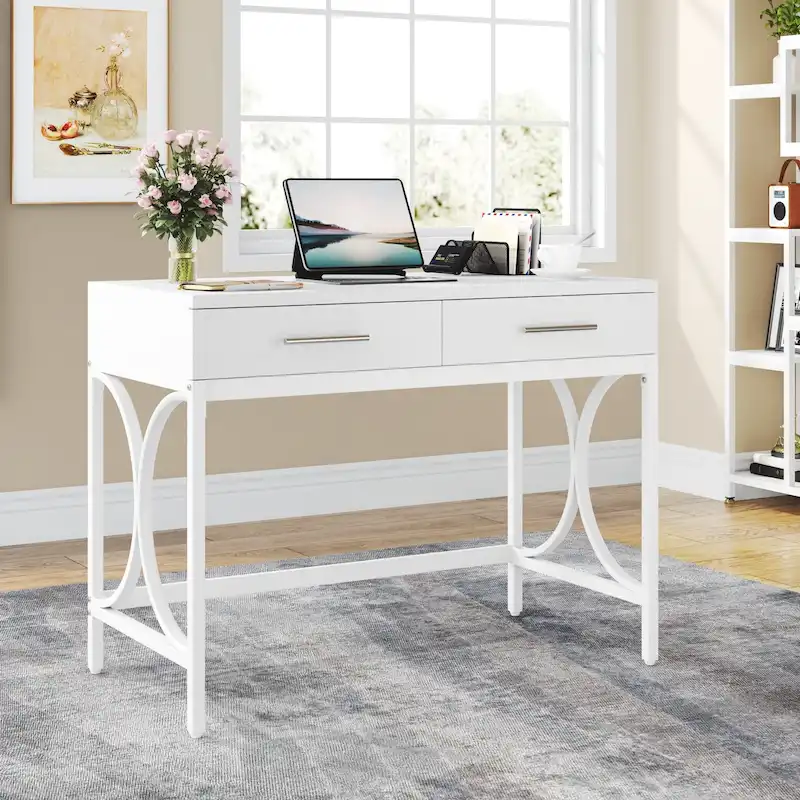 Writing Desk with 2 Drawers, White and Gold, 41.3W x 19.7D x 30.7H in, Home Office or Makeup Vanity